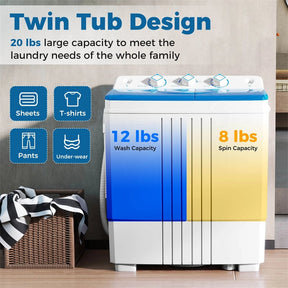 Portable Washing Machine, 2-in-1 Twin Tub Washer Spin Dryer Combo with Built-in Drain Pump, 20LB Capacity & Compact for Apartment, Dorm & RV