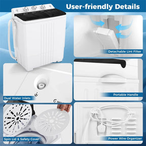 Portable Washing Machine, 2-in-1 Twin Tub Washer Spin Dryer Combo with Built-in Drain Pump, 20LB Capacity & Compact for Apartment, Dorm & RV
