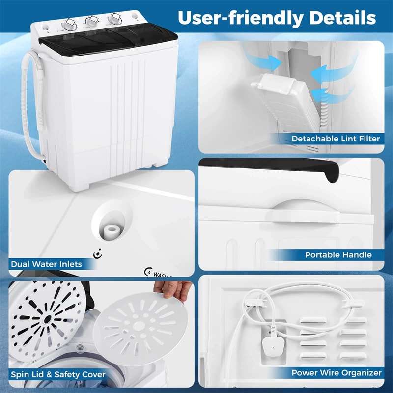 Portable Washing Machine, 2-in-1 Twin Tub Washer Spin Dryer Combo with Built-in Drain Pump, 20LB Capacity & Compact for Apartment, Dorm & RV
