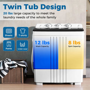 Portable Washing Machine, 2-in-1 Twin Tub Washer Spin Dryer Combo with Built-in Drain Pump, 20LB Capacity & Compact for Apartment, Dorm & RV