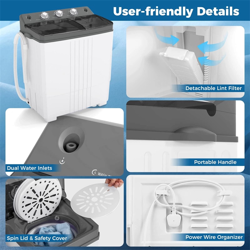 Portable Washing Machine, 2-in-1 Twin Tub Washer Spin Dryer Combo with Built-in Drain Pump, 20LB Capacity & Compact for Apartment, Dorm & RV
