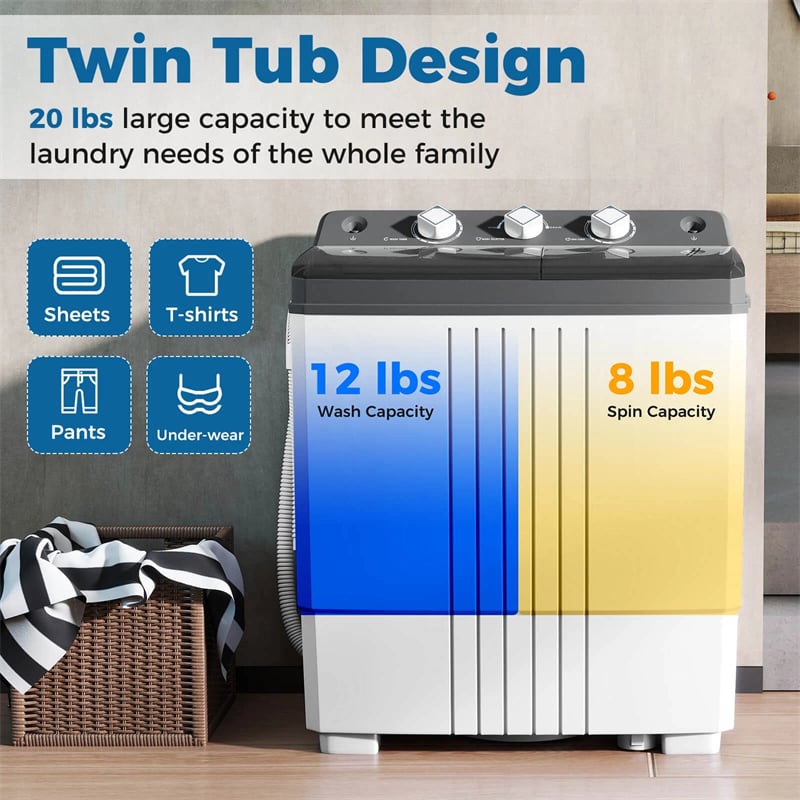 Portable Washing Machine, 2-in-1 Twin Tub Washer Spin Dryer Combo with Built-in Drain Pump, 20LB Capacity & Compact for Apartment, Dorm & RV