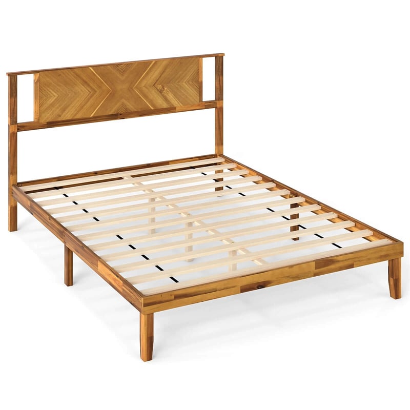 Twin/Full/Queen Size Acacia Wood Platform Bed Frame with Headboard, Mid-Century Modern Bed Frame w/Wooden Slats Support & Under-Bed Space