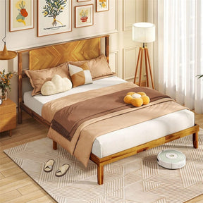 Twin/Full/Queen Size Acacia Wood Platform Bed Frame with Headboard, Mid-Century Modern Bed Frame w/Wooden Slats Support & Under-Bed Space
