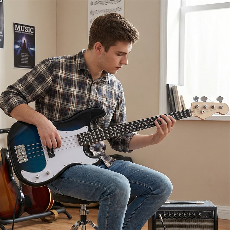 46" Right-handed Electric Bass Guitar, 4 Strings Full Size Bass Kit with Double Pickups, Open-gear Tuning, Gig Bag, Strap & Cable for Beginners