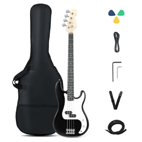 46" Right-handed Electric Bass Guitar, 4 Strings Full Size Bass Kit with Double Pickups, Open-gear Tuning, Gig Bag, Strap & Cable for Beginners