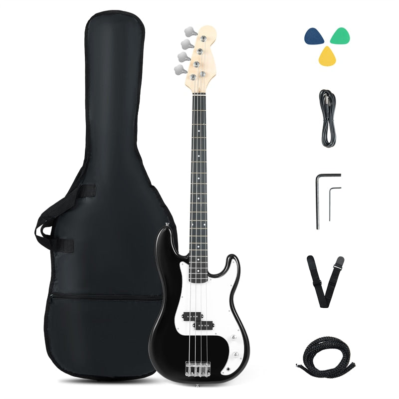 46" Right-handed Electric Bass Guitar, 4 Strings Full Size Bass Kit with Double Pickups, Open-gear Tuning, Gig Bag, Strap & Cable for Beginners