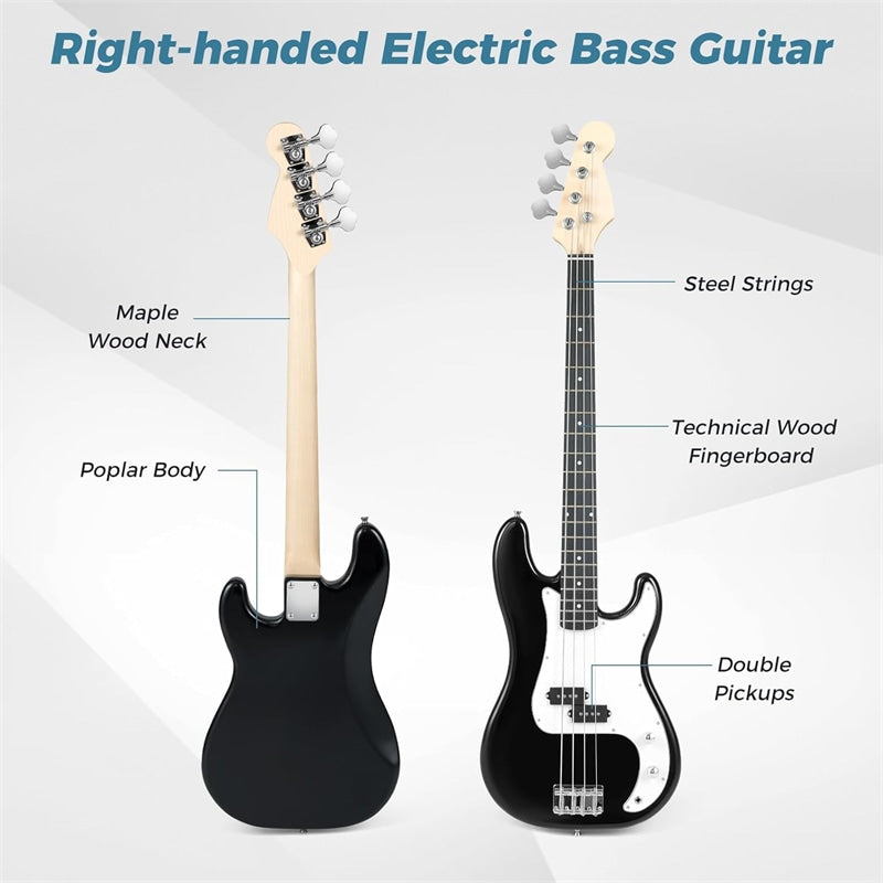 46" Right-handed Electric Bass Guitar, 4 Strings Full Size Bass Kit with Double Pickups, Open-gear Tuning, Gig Bag, Strap & Cable for Beginners