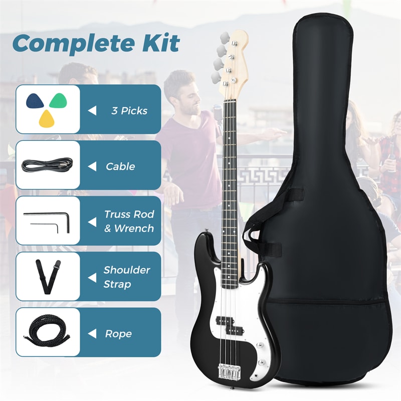 46" Right-handed Electric Bass Guitar, 4 Strings Full Size Bass Kit with Double Pickups, Open-gear Tuning, Gig Bag, Strap & Cable for Beginners