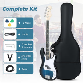 46" Right-handed Electric Bass Guitar, 4 Strings Full Size Bass Kit with Double Pickups, Open-gear Tuning, Gig Bag, Strap & Cable for Beginners