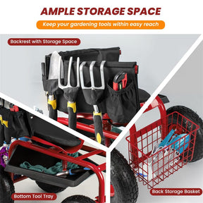 Rolling Garden Cart Workseat Garden Scooter with 360 Degree Swivel Cushioned Seat & Tool Storage, 2 Steering Handles