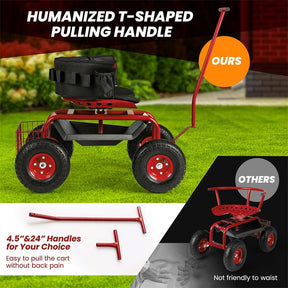 Rolling Garden Cart Workseat Garden Scooter with 360 Degree Swivel Cushioned Seat & Tool Storage, 2 Steering Handles