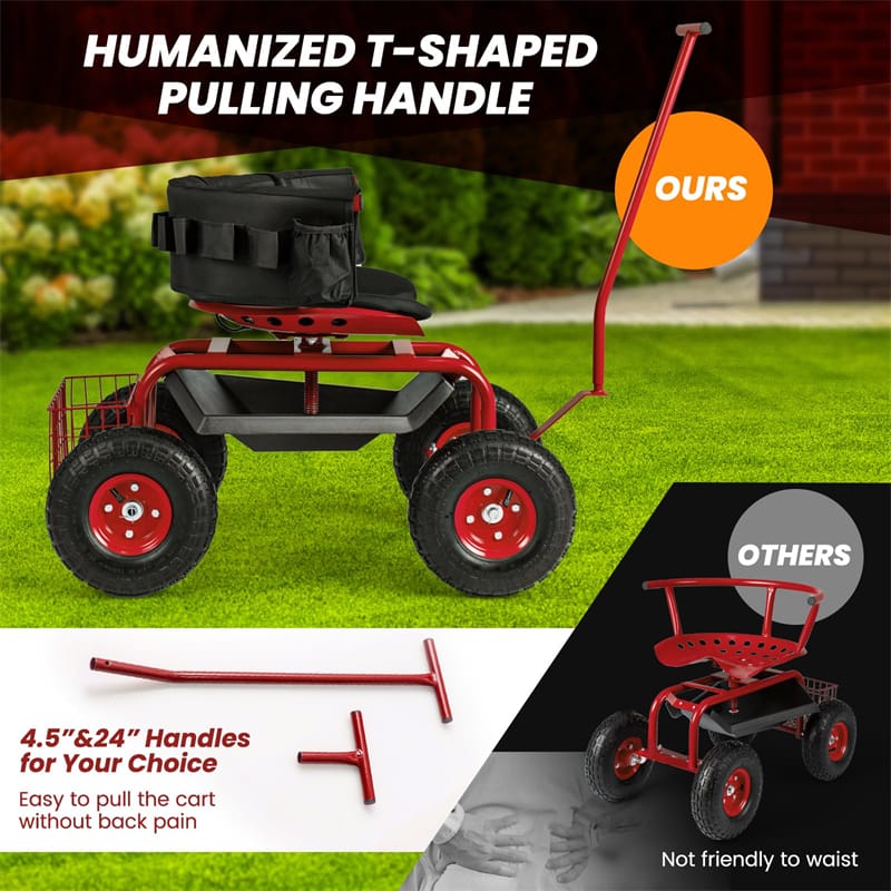 Rolling Garden Cart Workseat Garden Scooter with 360 Degree Swivel Cushioned Seat & Tool Storage, 2 Steering Handles