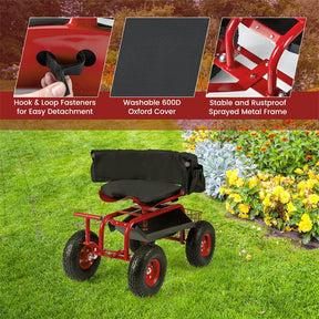 Rolling Garden Cart Workseat Garden Scooter with 360 Degree Swivel Cushioned Seat & Tool Storage, 2 Steering Handles