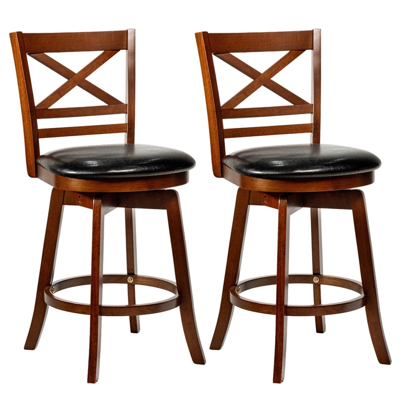 Set of 2 Swivel Counter Height Bar Stools, 25" Rubber Wood Barstools with High Back, Footrest & Faux Leather Upholstered Seat for Kitchen Island