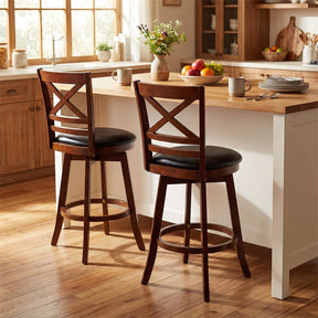 Set of 2 Swivel Counter Height Bar Stools, 25" Rubber Wood Barstools with High Back, Footrest & Faux Leather Upholstered Seat for Kitchen Island