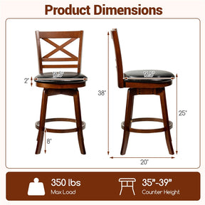 Set of 2 Swivel Counter Height Bar Stools, 25" Rubber Wood Barstools with High Back, Footrest & Faux Leather Upholstered Seat for Kitchen Island