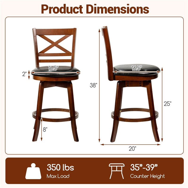 Set of 2 Swivel Counter Height Bar Stools, 25" Rubber Wood Barstools with High Back, Footrest & Faux Leather Upholstered Seat for Kitchen Island