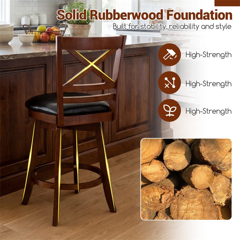 Set of 2 Swivel Counter Height Bar Stools, 25" Rubber Wood Barstools with High Back, Footrest & Faux Leather Upholstered Seat for Kitchen Island
