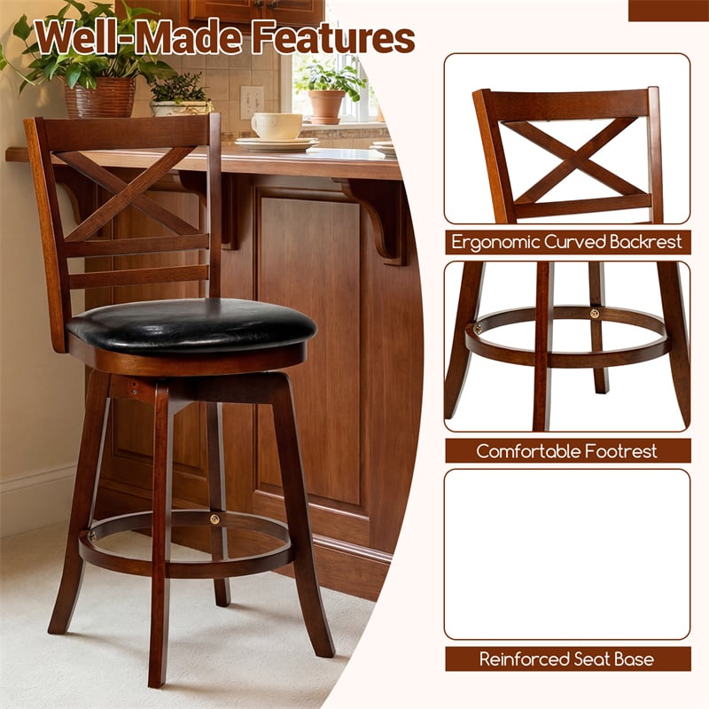 Set of 2 Swivel Counter Height Bar Stools, 25" Rubber Wood Barstools with High Back, Footrest & Faux Leather Upholstered Seat for Kitchen Island