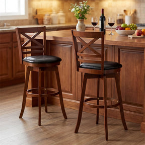 Set of 2 Swivel Counter Height Bar Stools, 30.5" Rubber Wood Barstools with High Back, Footrest & Faux Leather Upholstered Seat for Kitchen Island