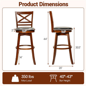Set of 2 Swivel Counter Height Bar Stools, 30.5" Rubber Wood Barstools with High Back, Footrest & Faux Leather Upholstered Seat for Kitchen Island