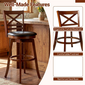 Set of 2 Swivel Counter Height Bar Stools, 30.5" Rubber Wood Barstools with High Back, Footrest & Faux Leather Upholstered Seat for Kitchen Island