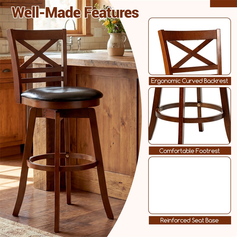 Set of 2 Swivel Counter Height Bar Stools, 30.5" Rubber Wood Barstools with High Back, Footrest & Faux Leather Upholstered Seat for Kitchen Island