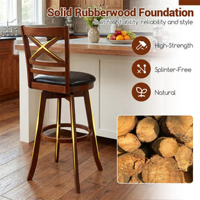Set of 2 Swivel Counter Height Bar Stools, 30.5" Rubber Wood Barstools with High Back, Footrest & Faux Leather Upholstered Seat for Kitchen Island