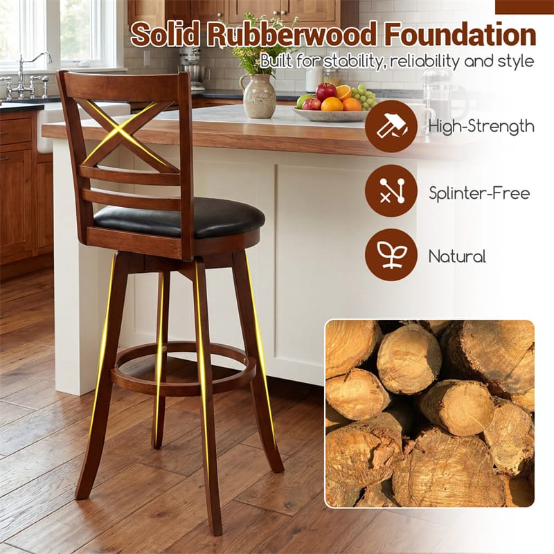 Set of 2 Swivel Counter Height Bar Stools, 30.5" Rubber Wood Barstools with High Back, Footrest & Faux Leather Upholstered Seat for Kitchen Island