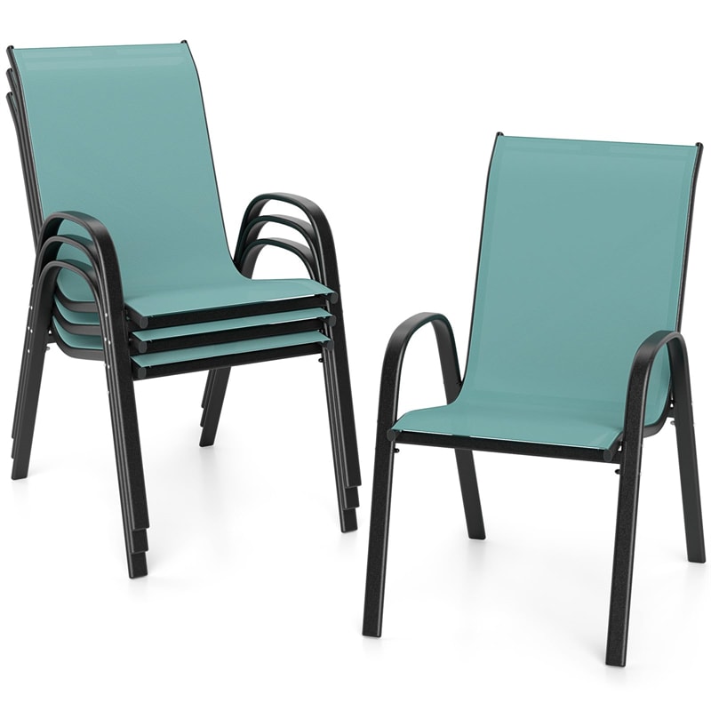 Set of 4 Outdoor Stackable Dining Chairs w/Breathable Fabric, All Weather Heavy Duty Rustproof Steel Frame Patio Lawn Chairs