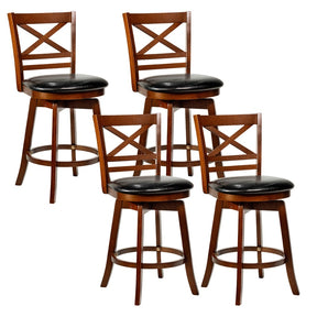 Set of 2 Swivel Counter Height Bar Stools, 25" Rubber Wood Barstools with High Back, Footrest & Faux Leather Upholstered Seat for Kitchen Island