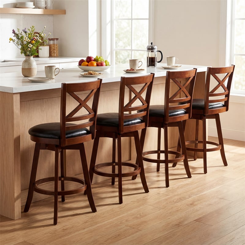 Set of 2 Swivel Counter Height Bar Stools, 25" Rubber Wood Barstools with High Back, Footrest & Faux Leather Upholstered Seat for Kitchen Island