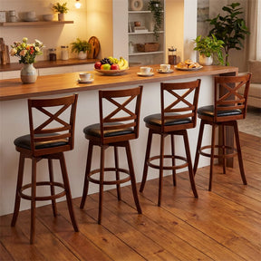 Set of 2 Swivel Counter Height Bar Stools, 30.5" Rubber Wood Barstools with High Back, Footrest & Faux Leather Upholstered Seat for Kitchen Island