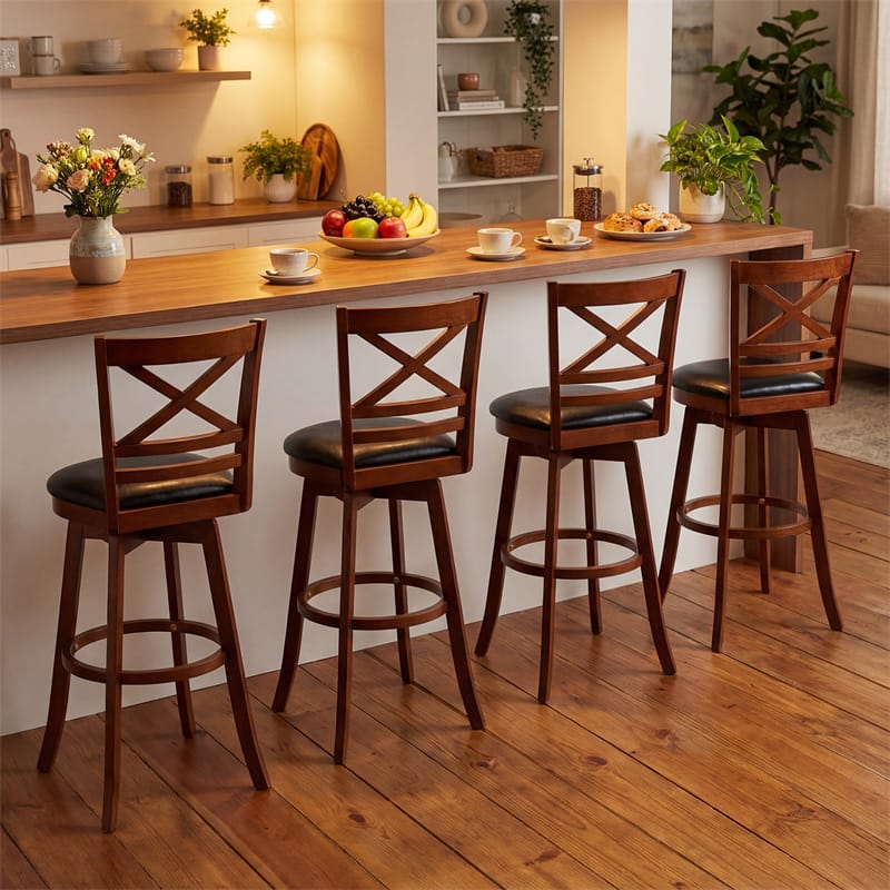 Set of 2 Swivel Counter Height Bar Stools, 30.5" Rubber Wood Barstools with High Back, Footrest & Faux Leather Upholstered Seat for Kitchen Island