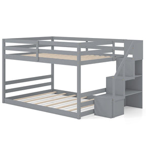 Full Over Full Bunk Bed with Storage Stairs, Solid Wood Floor Bunk Bed with Full-Length Guardrails, Low Bunk Bed with for Kids Teens Adults