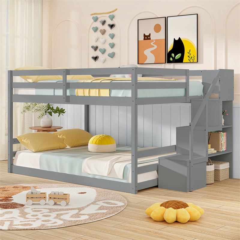 Full Over Full Bunk Bed with Storage Stairs, Solid Wood Floor Bunk Bed with Full-Length Guardrails, Low Bunk Bed with for Kids Teens Adults