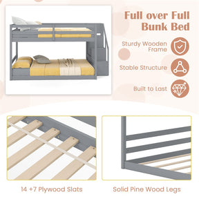 Full Over Full Bunk Bed with Storage Stairs, Solid Wood Floor Bunk Bed with Full-Length Guardrails, Low Bunk Bed with for Kids Teens Adults