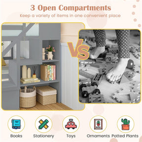 Full Over Full Bunk Bed with Storage Stairs, Solid Wood Floor Bunk Bed with Full-Length Guardrails, Low Bunk Bed with for Kids Teens Adults
