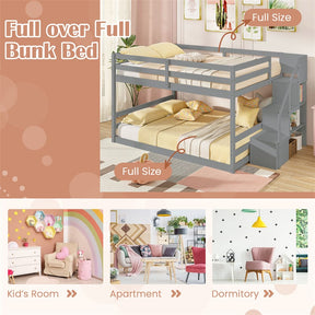 Full Over Full Bunk Bed with Storage Stairs, Solid Wood Floor Bunk Bed with Full-Length Guardrails, Low Bunk Bed with for Kids Teens Adults