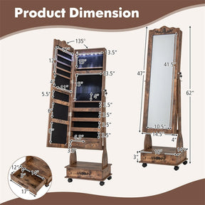 Standing Jewelry Armoire with Full-Length Mirror, Drawers, Lights & Wheels, Lockable Mirror Jewelry Cabinet Storage Organizer