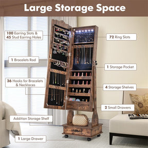 Standing Jewelry Armoire with Full-Length Mirror, Drawers, Lights & Wheels, Lockable Mirror Jewelry Cabinet Storage Organizer
