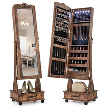 Standing Jewelry Armoire with Full-Length Mirror, Drawers, Lights & Wheels, Lockable Mirror Jewelry Cabinet Storage Organizer