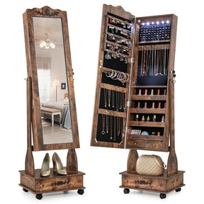 Standing Jewelry Armoire with Full-Length Mirror, Drawers, Lights & Wheels, Lockable Mirror Jewelry Cabinet Storage Organizer