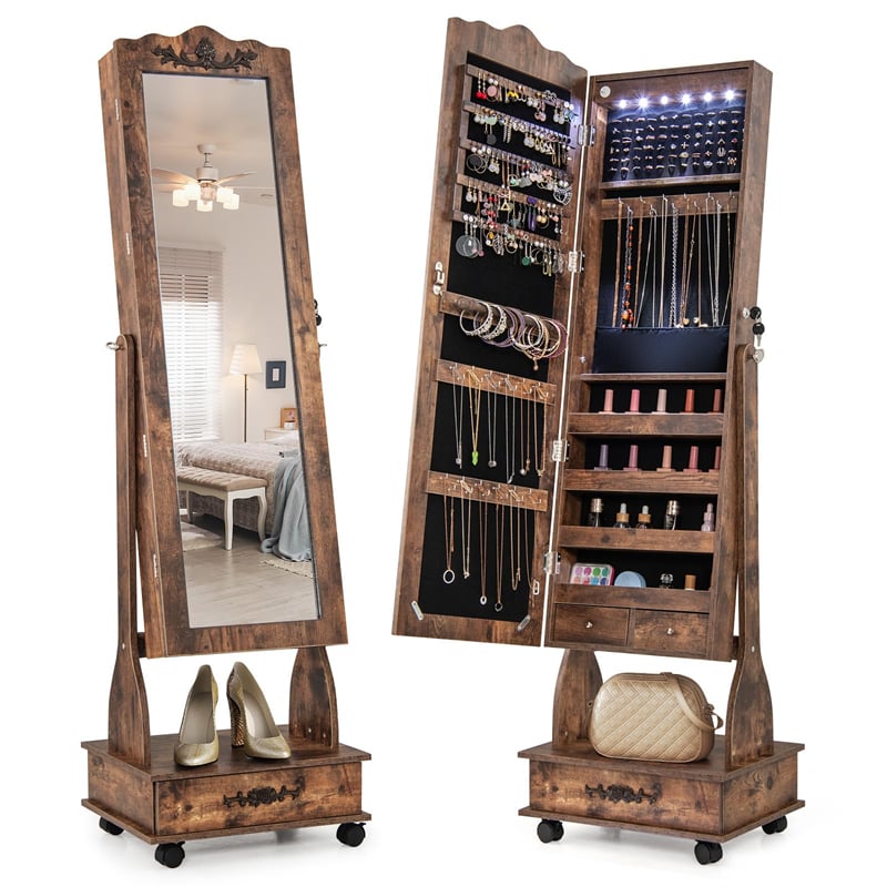 Standing Jewelry Armoire with Full-Length Mirror, Drawers, Lights & Wheels, Lockable Mirror Jewelry Cabinet Storage Organizer