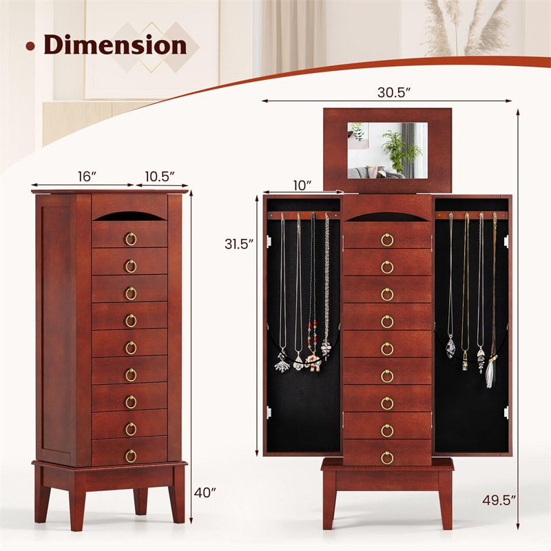 Large Standing Jewelry Armoire Cabinet Wooden Storage Chest with 9 Drawers, 2 Side Doors, 8 Hooks, Top Flip Mirror & Organizer