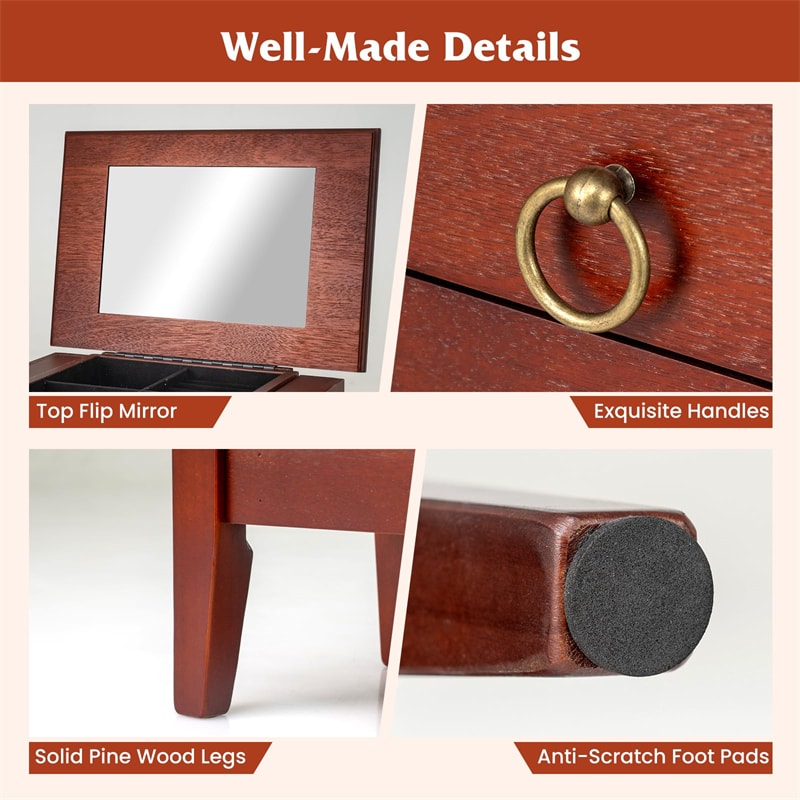 Large Standing Jewelry Armoire Cabinet Wooden Storage Chest with 9 Drawers, 2 Side Doors, 8 Hooks, Top Flip Mirror & Organizer