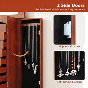 Large Standing Jewelry Armoire Cabinet Wooden Storage Chest with 9 Drawers, 2 Side Doors, 8 Hooks, Top Flip Mirror & Organizer