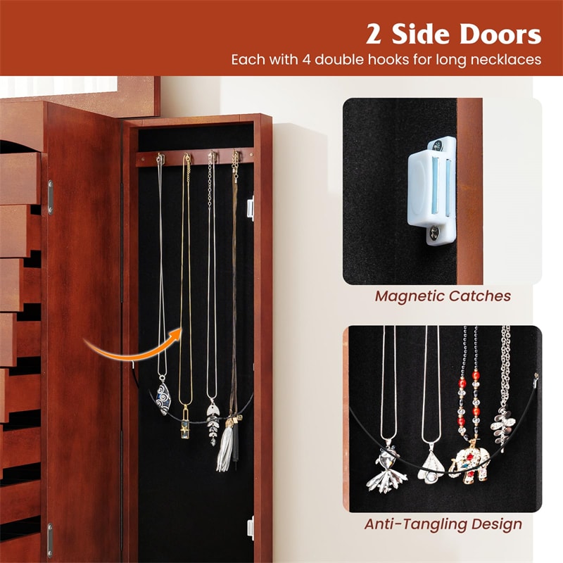 Large Standing Jewelry Armoire Cabinet Wooden Storage Chest with 9 Drawers, 2 Side Doors, 8 Hooks, Top Flip Mirror & Organizer