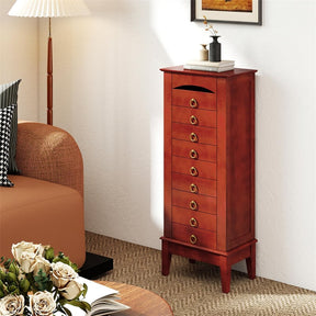 Large Standing Jewelry Armoire Cabinet Wooden Storage Chest with 9 Drawers, 2 Side Doors, 8 Hooks, Top Flip Mirror & Organizer